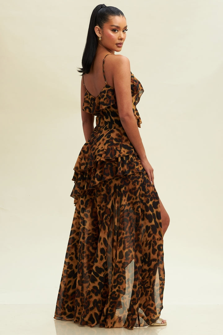 LEOPARD CHIFFON LAYERED MAXI DRESS