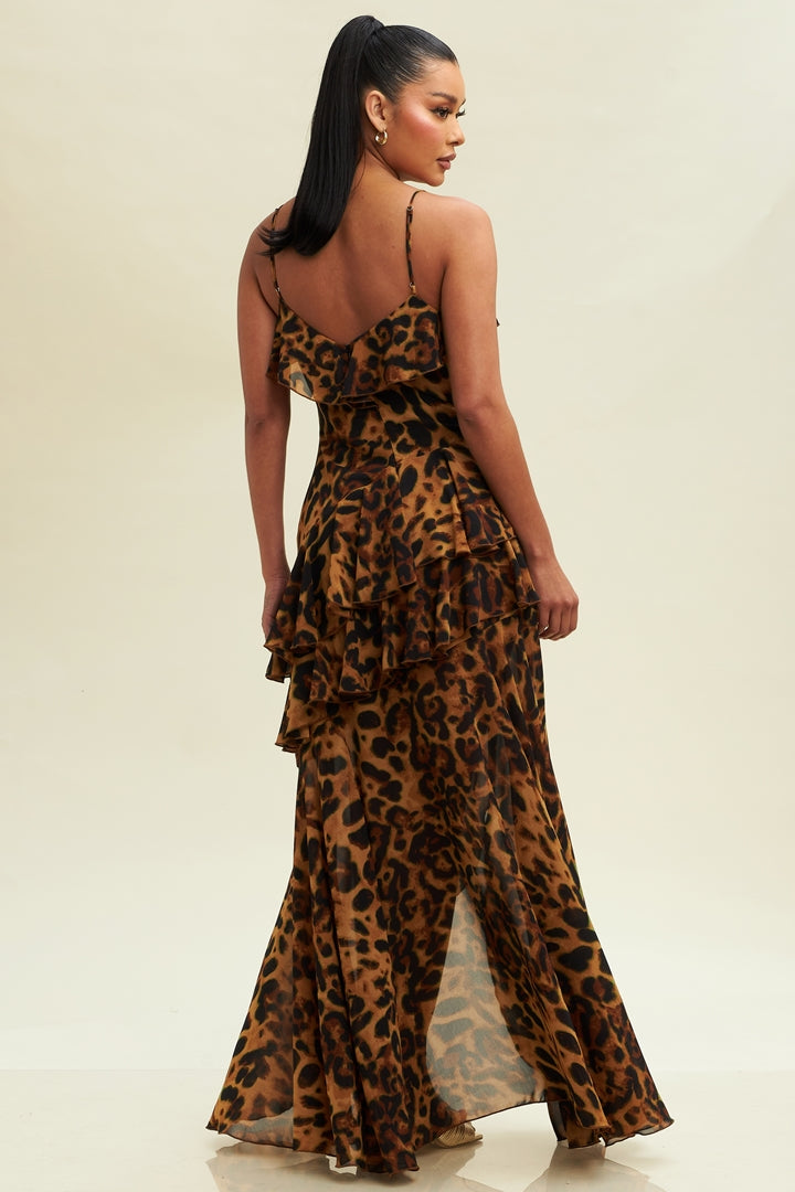 LEOPARD CHIFFON LAYERED MAXI DRESS