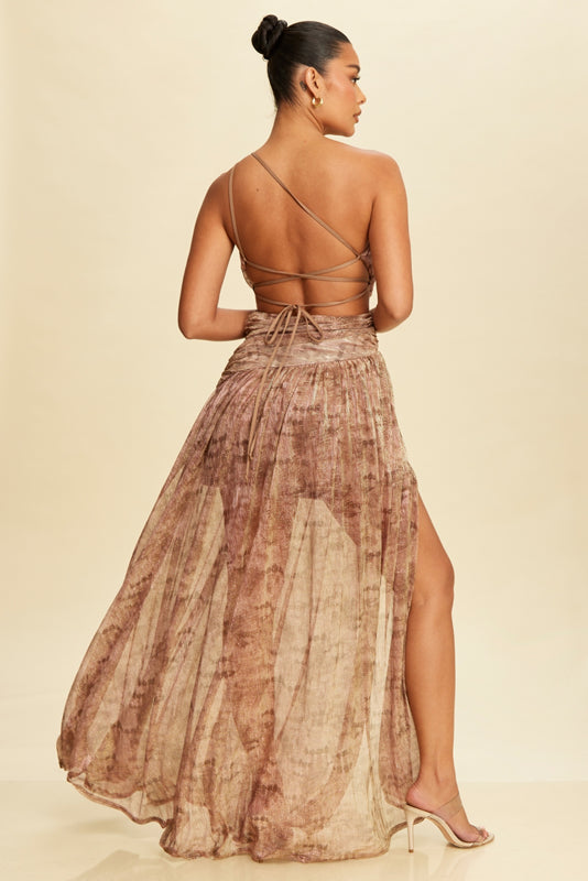 BROWN SHIMMER CHIFFON ONE SHOULDER MAXI DRESS