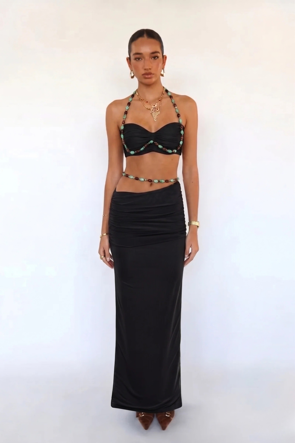 Black Beaded Bralette & Maxi Skirt Coord