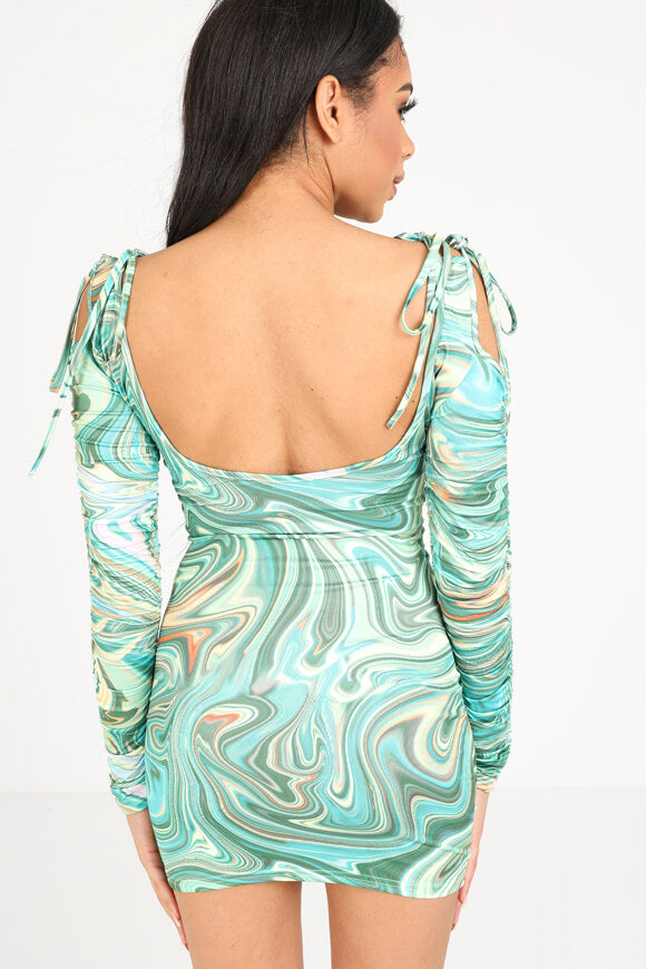Green Abstract Print Shoulder Cutout Lace Front Long Sleeve Mini Dress