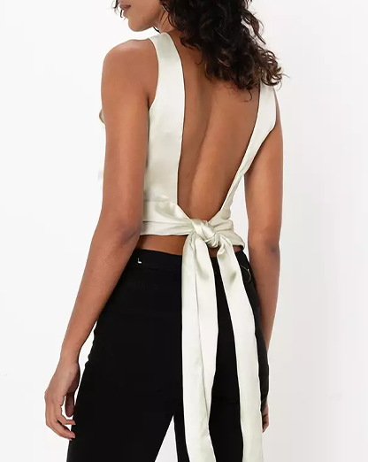 Champagne Satin Open Tie Back Crop Top