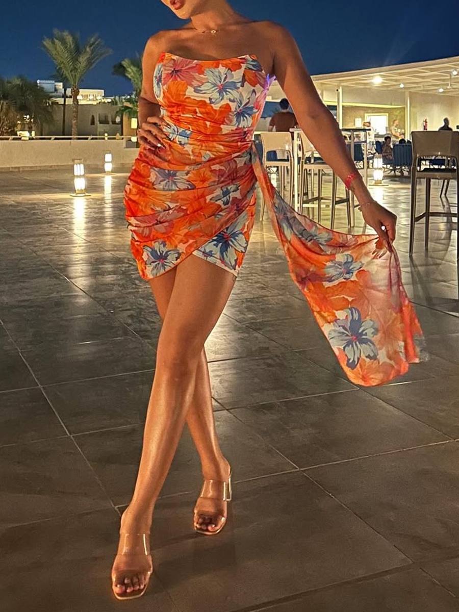 Orange Floral Bandeau Mesh Drape Mini Dress
