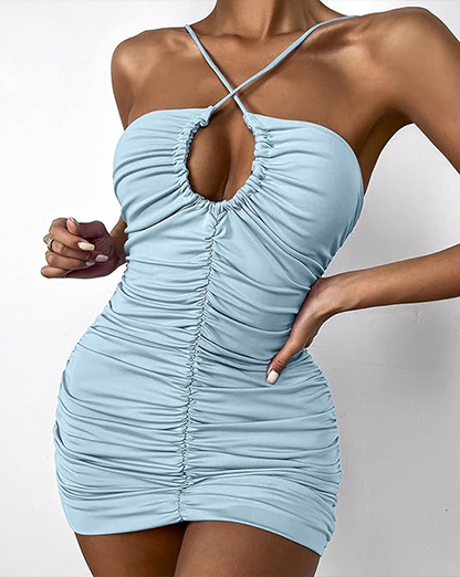 Pastel Blue Front Tie Rushed Mini Dress