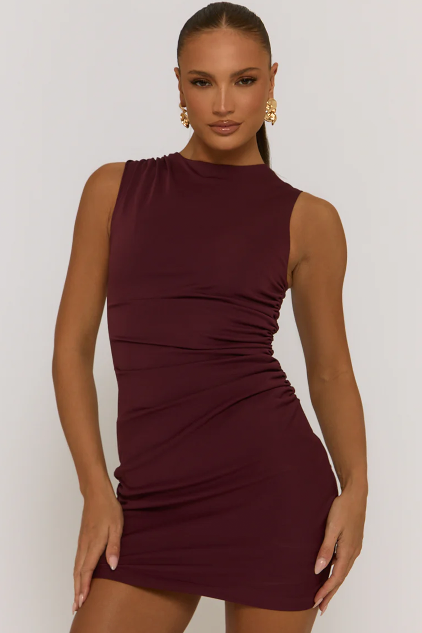 Burgundy Ruched Mini Dress
