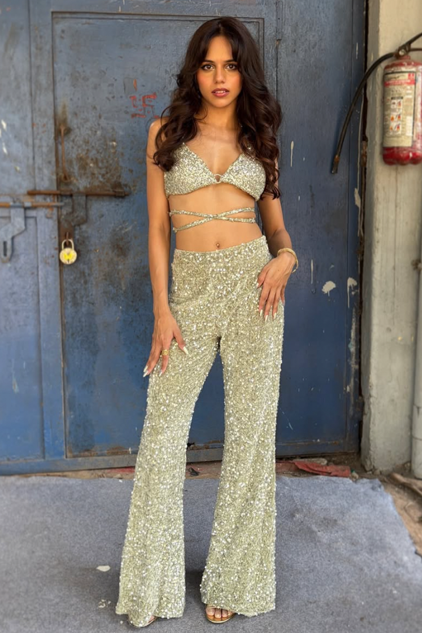 Green Sequin Flare Trousers
