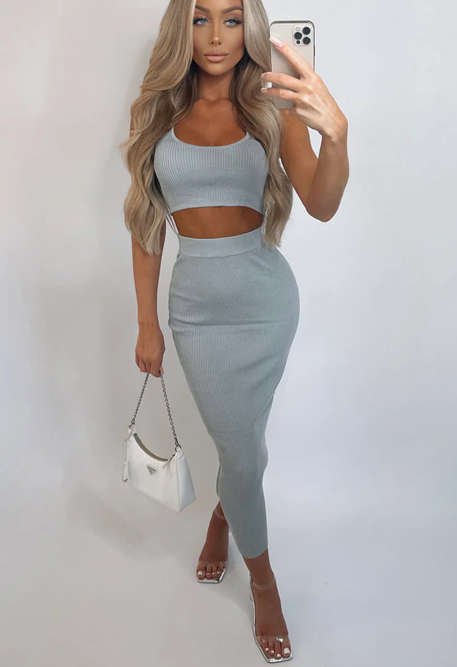 Grey Ribbed Crop Vest & Maxi Bodycon Skirt Coord