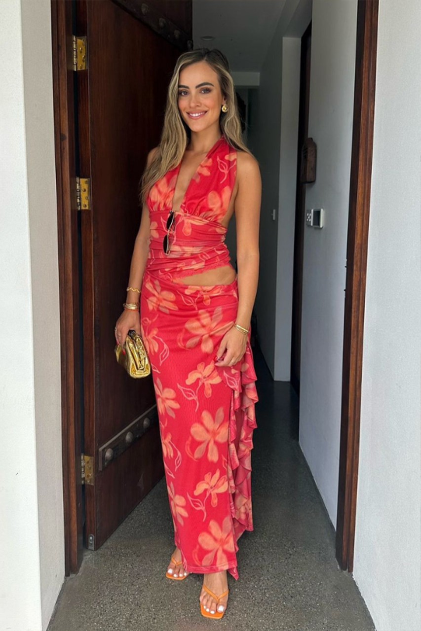 Coral Red Floral Cut Out Ruffle Maxi Dress