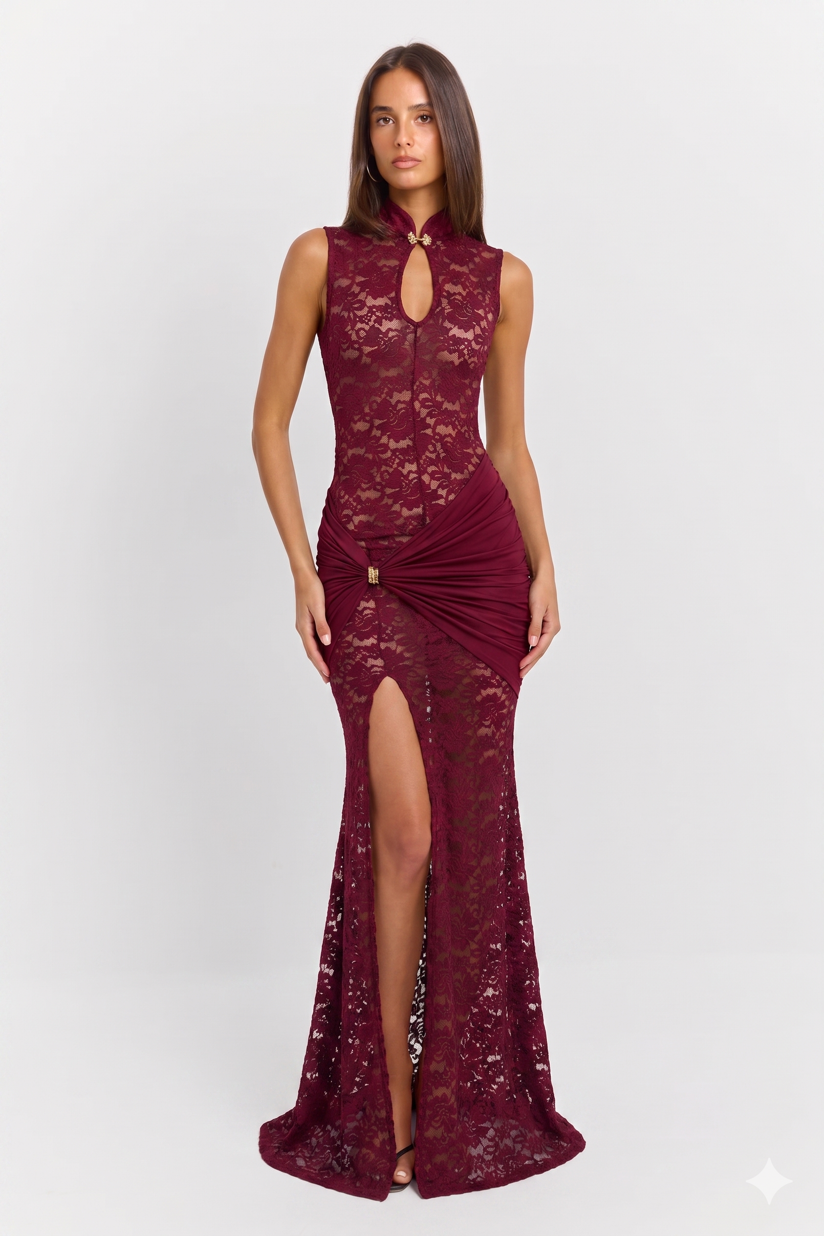 Burgundy Lace Ruched Maxi Dress