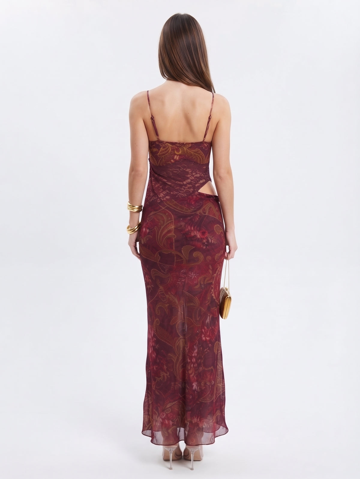 Wine Red Lace Bodysuit Chiffon Maxi Dress