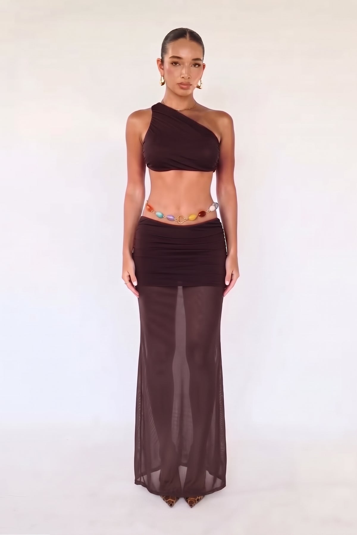 Brown Mesh One Shoulder Crop Top & Maxi Skirt Coord