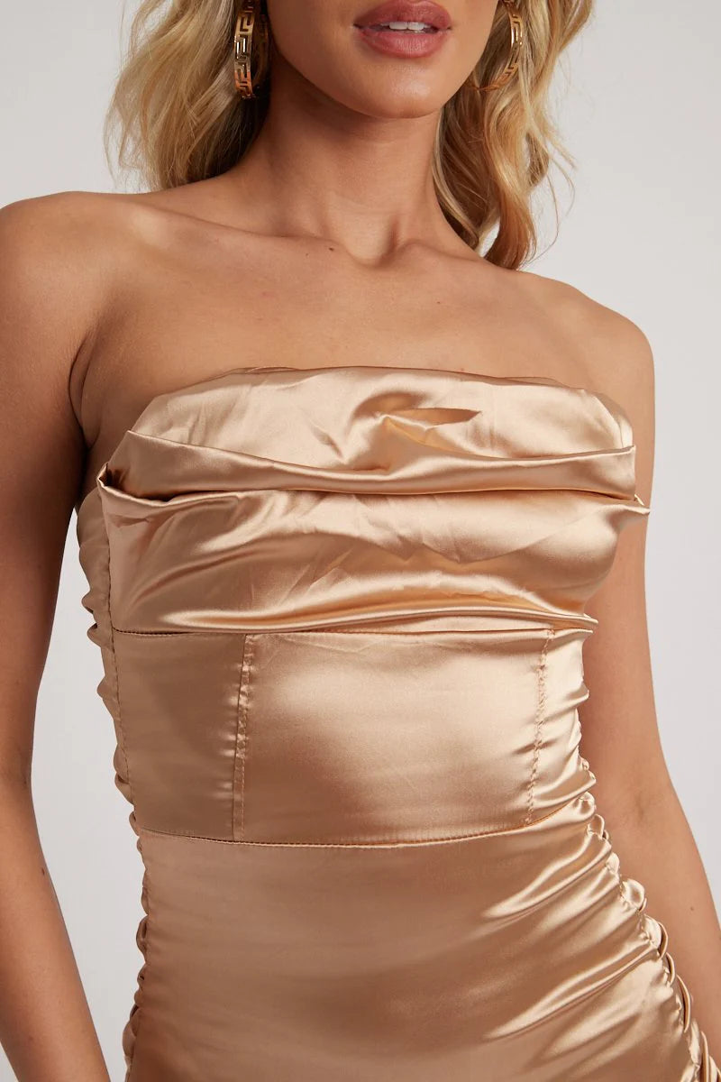 Champaign Gold Satin Bodycon Bandeau Mini Dress