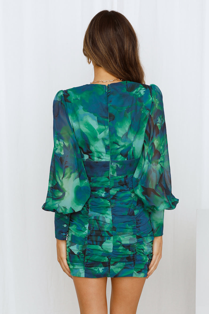 Green floral Ruched Chiffon Double Layered Lantern Sleeve Mini Dress