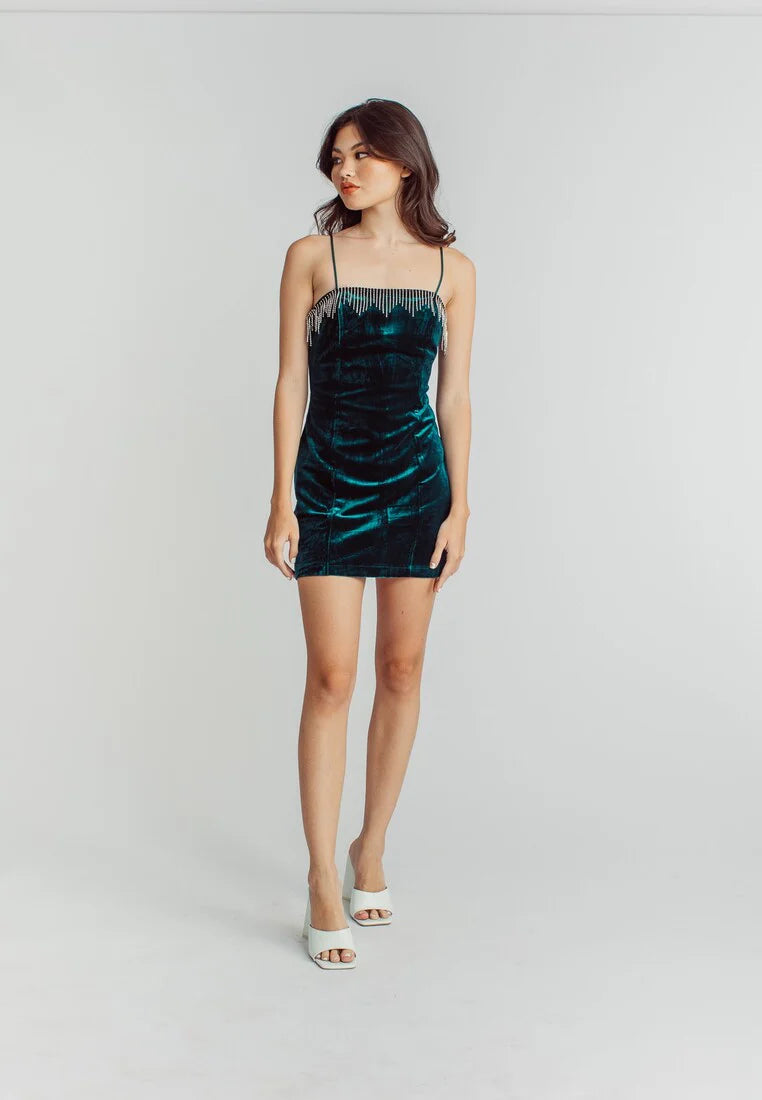 Forest Green Velvet Tassel Gem Embellished Mini Dress