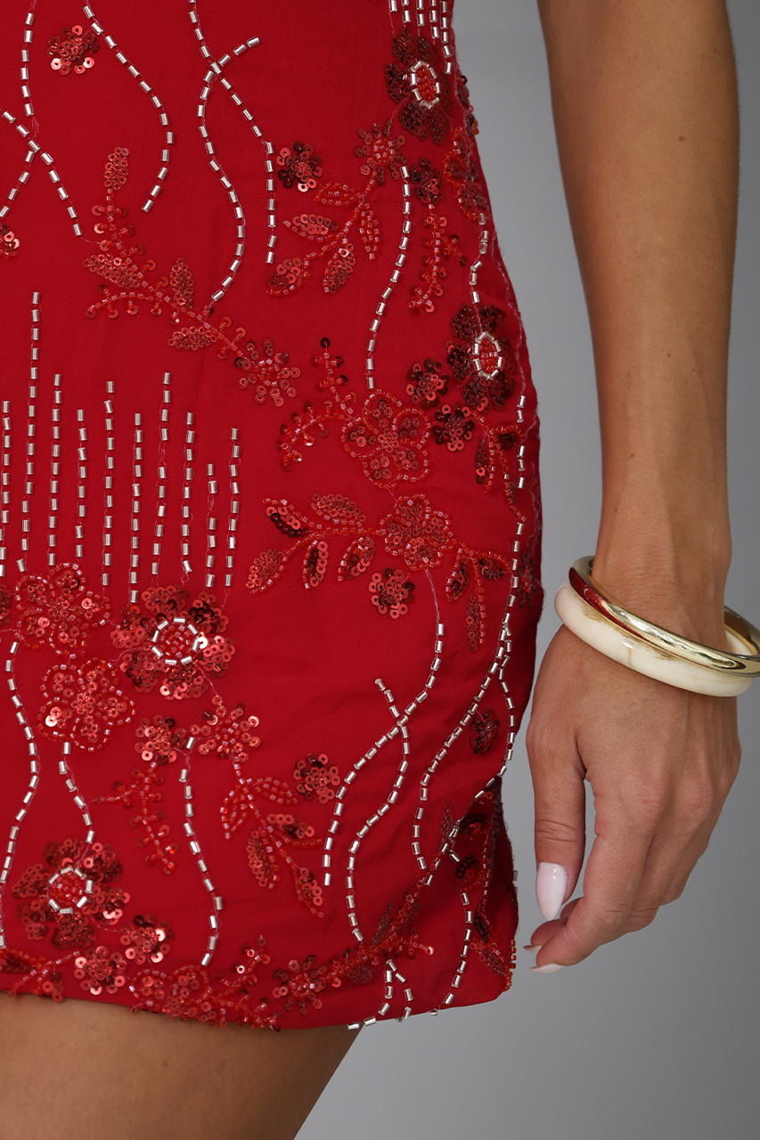 Red Sequin Embellished Mini Dress
