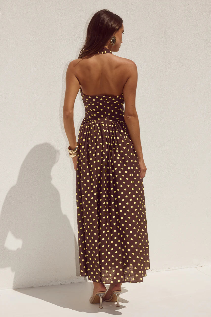RUNAWAY THE LABEL SAMMI HALTER MIDI DRESS - CHOC/LEMON POLKA