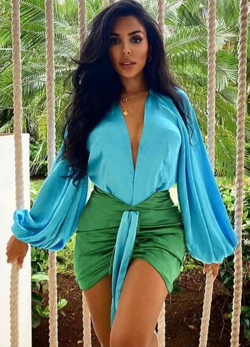 Blue Plunge Satin Blouse & Green Satin Mini Skirt Coord