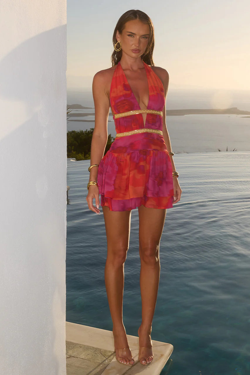 RUNAWAY THE LABEL XYLIA HALTER LOW PLUNGE MINI DRESS - SURI ORANGE