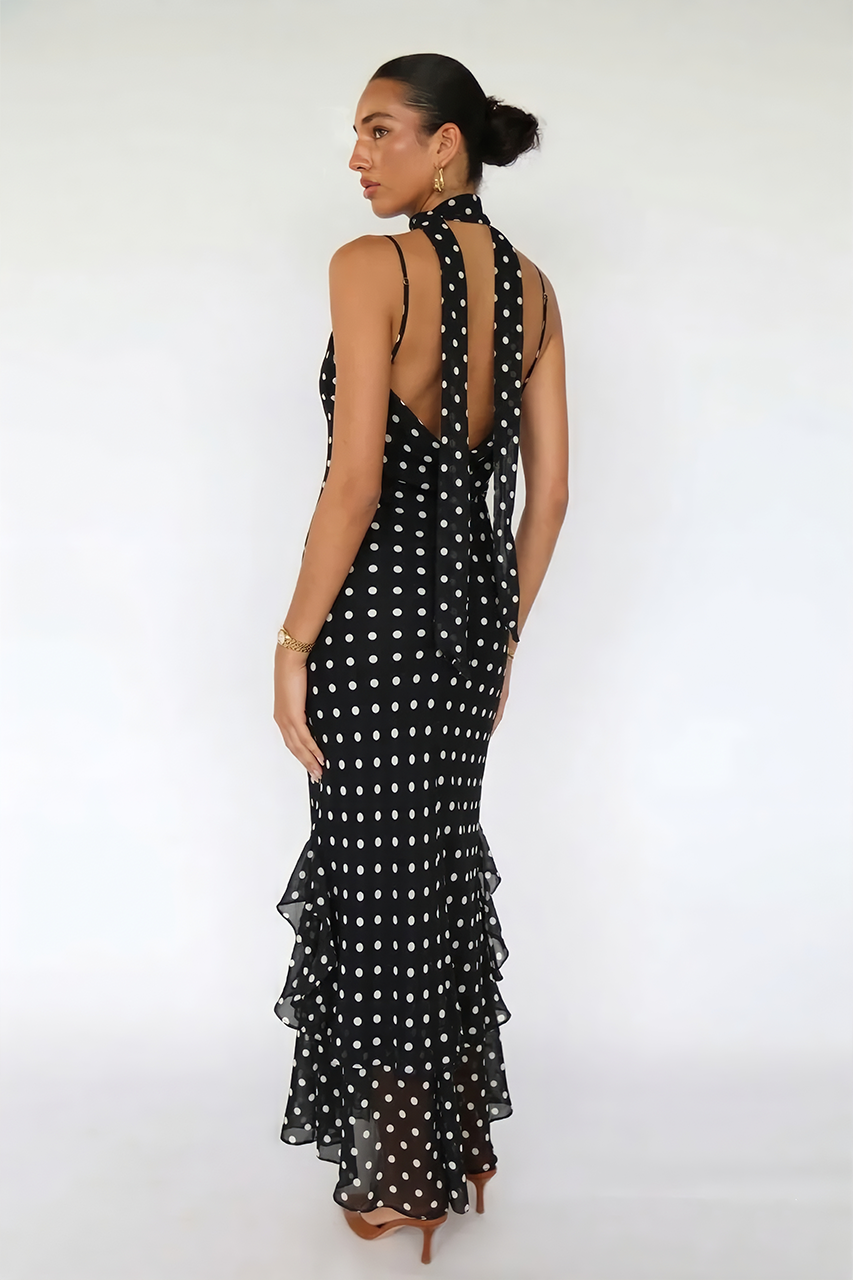 Black Polka Dot Chiffon Maxi Dress