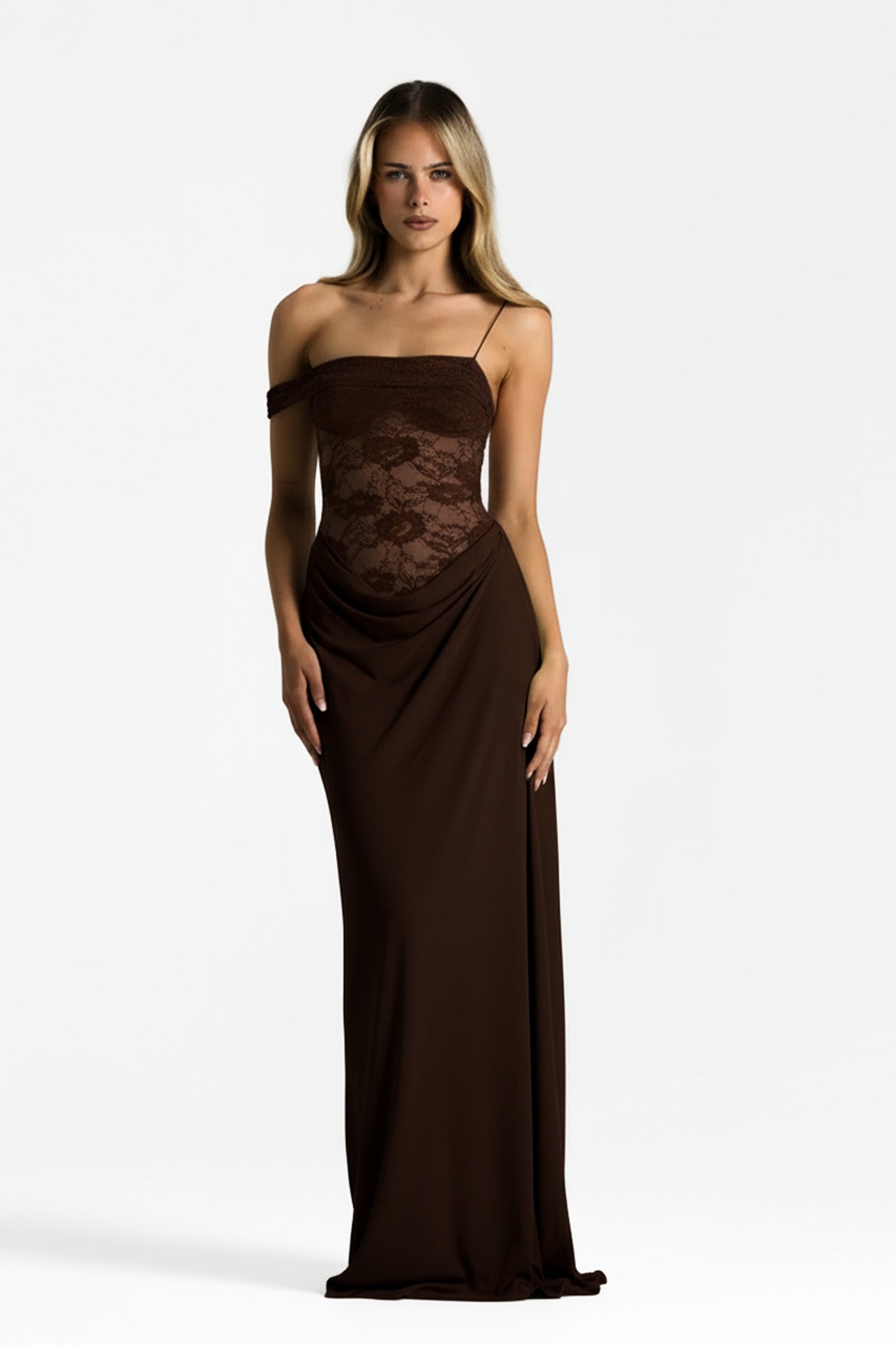 Chocolate Brown Lace Draped Maxi Dress
