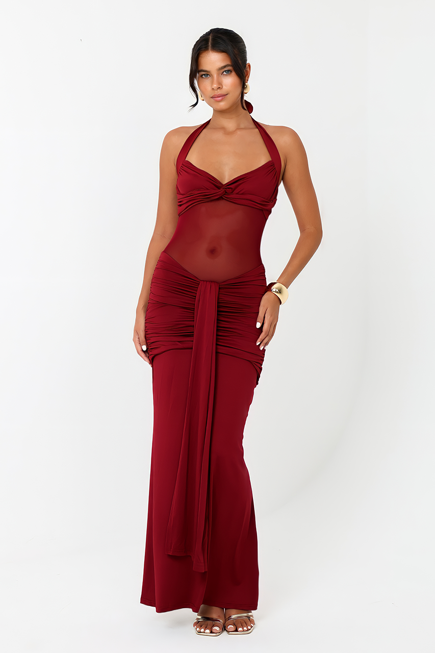Burgundy Ruched Meshed Maxi Dress
