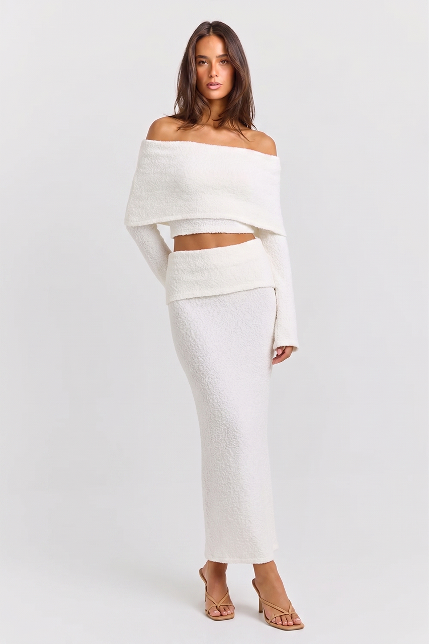 White Knit Long Sleeve Top & Maxi Skirt Coord Set