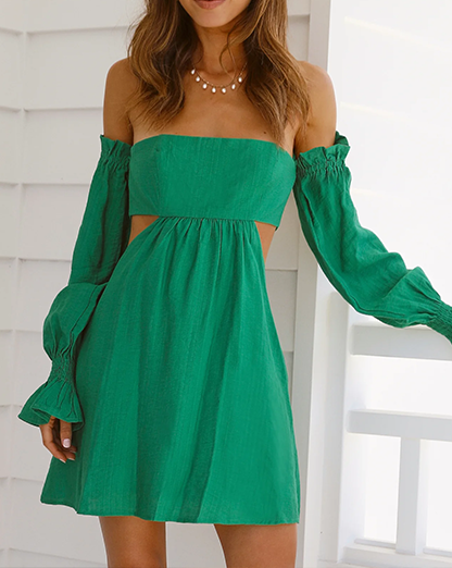 Dark Green Off The Shoulder Puff Sleeve Bandeau Skater Mini Dress