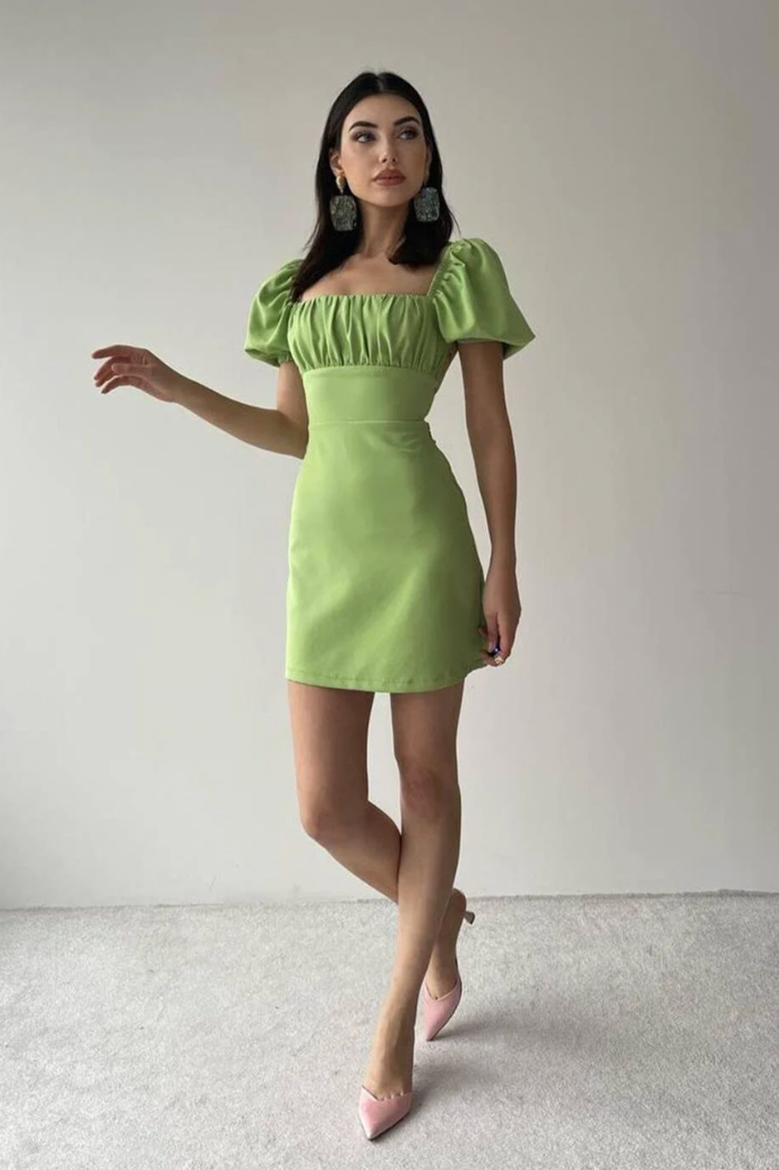 Green Linen Puff Sleeve Mini Dress
