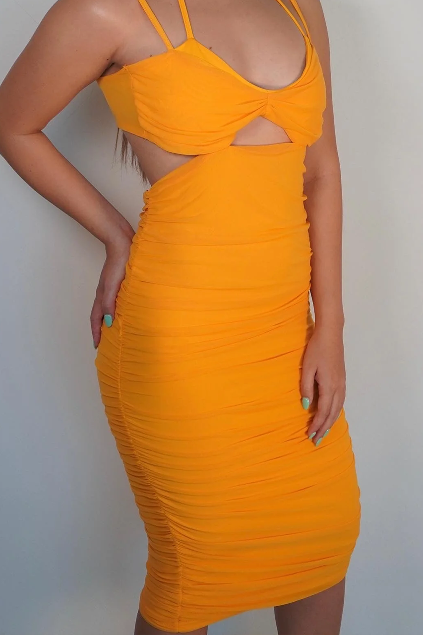 Orange Mesh Double layered Halterneck Ruched Bodycon Dress