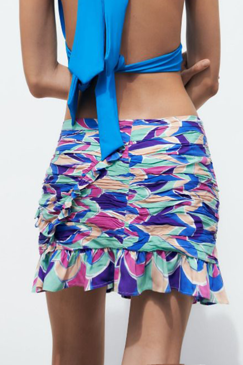 Abstract Print Ruffle Ruched Mini Skirt