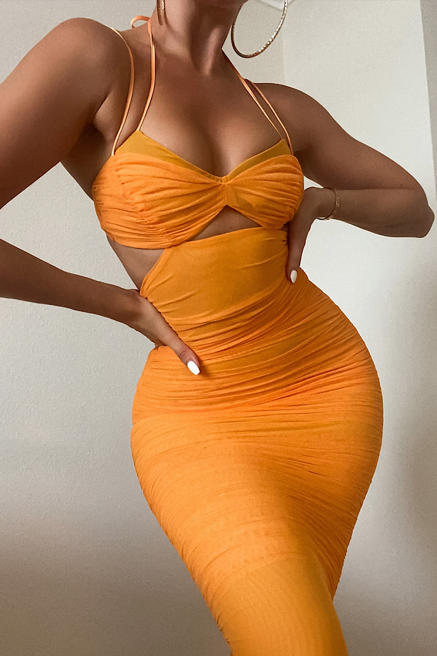 Orange Mesh Double layered Halterneck Ruched Bodycon Dress