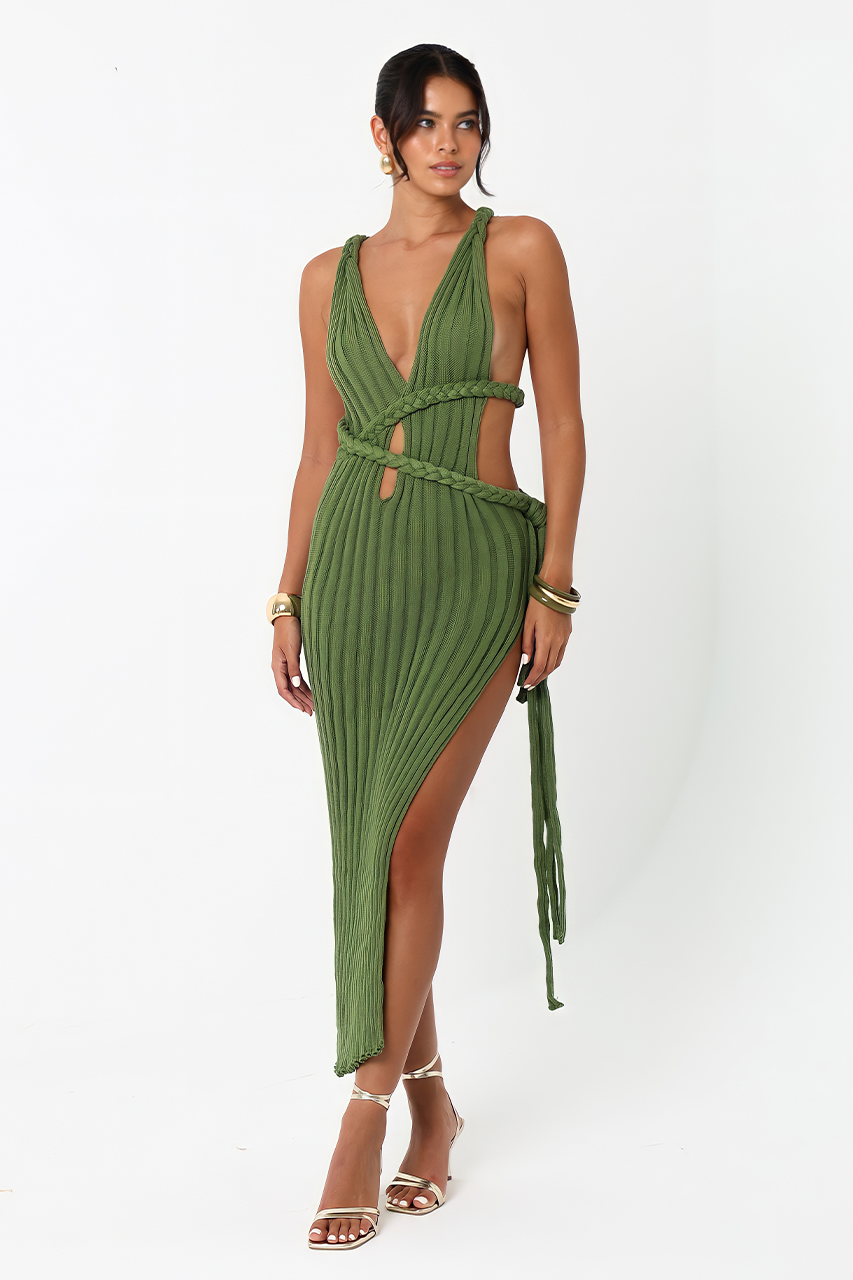Olive Green Knit Midi Dress
