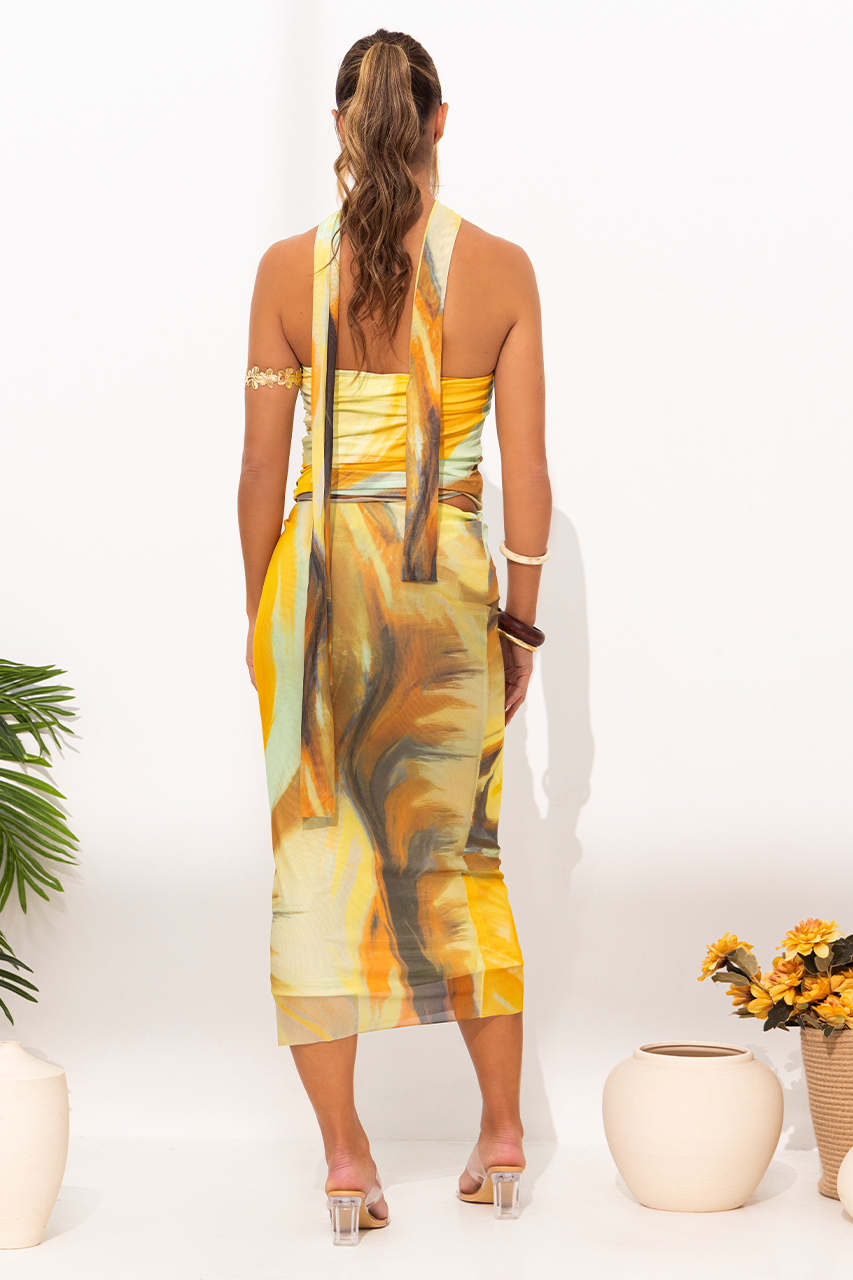 Green Abstract Layered Mesh Corset Top & Midi Skirt Coord