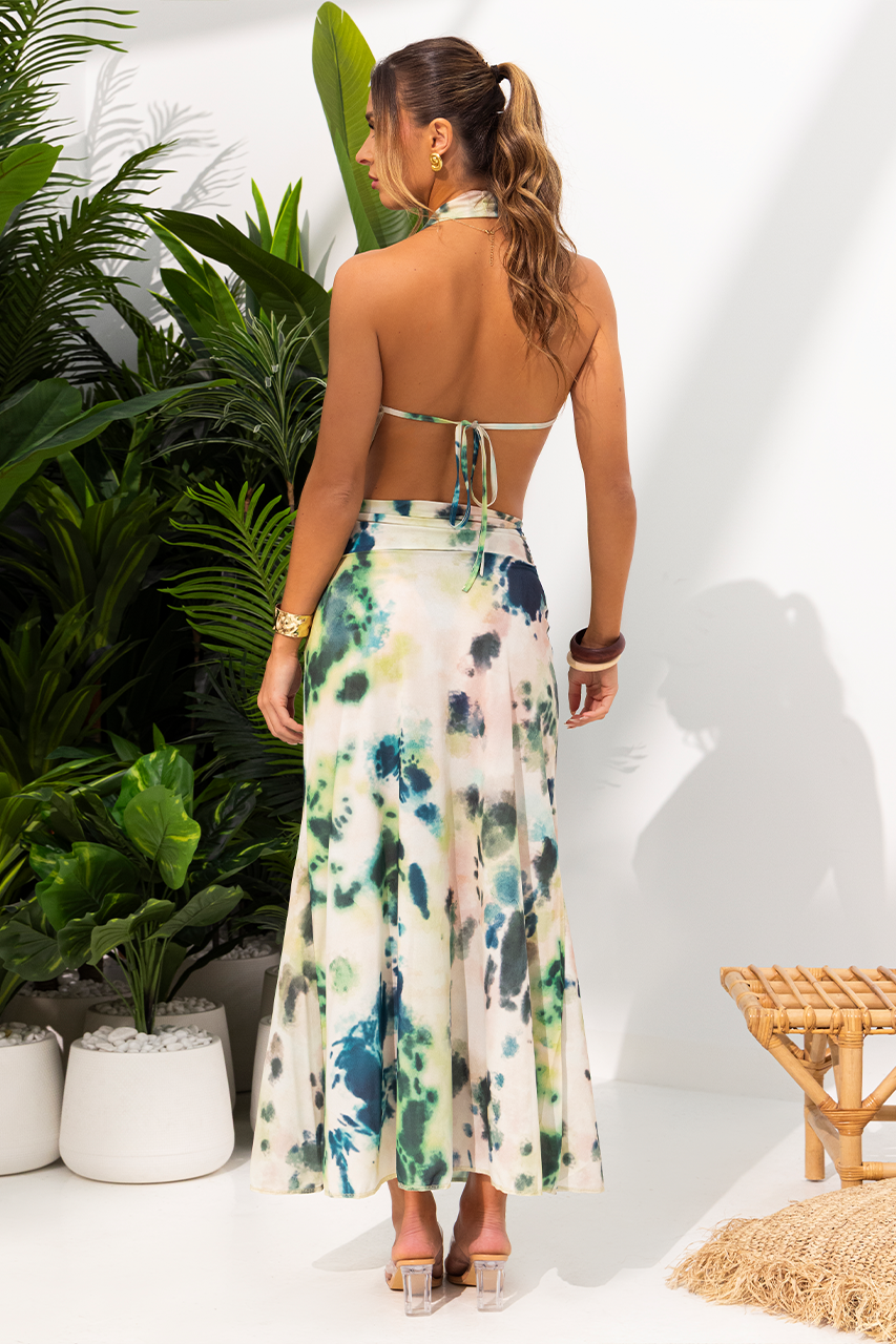 Green Tie Dye Cowl Top & Maxi Skirt Detailing