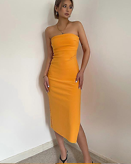 Orange Bandeau Ruched Midi Dress