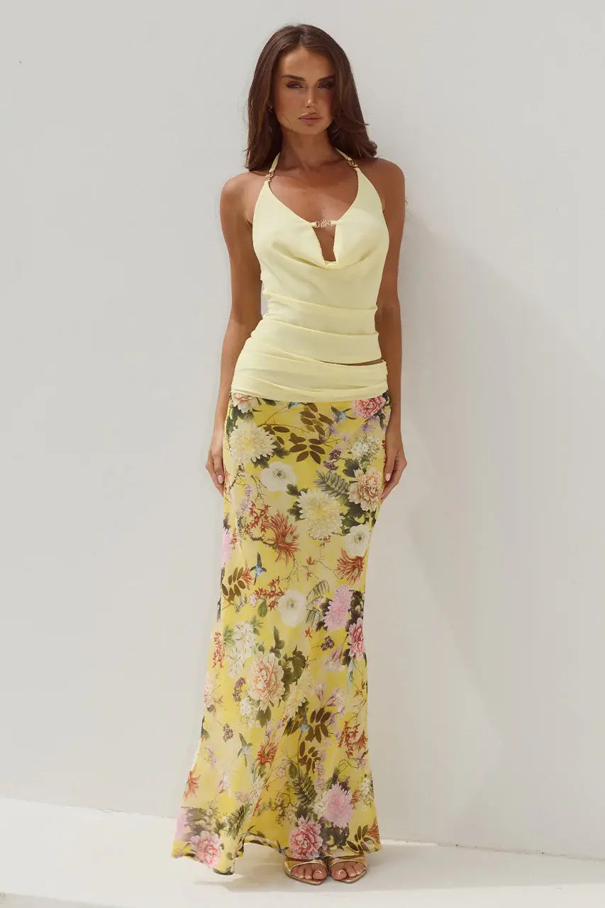 RUNAWAY THE LABEL HELENA COWL TOP & LOW WAIST MAXI SKIRT COORD - MANGO