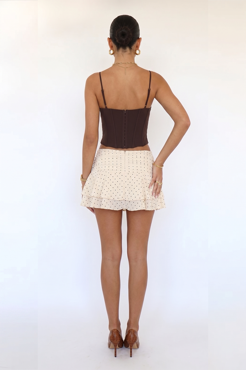 Cream Ruffle Brown Polka Mini Skirt