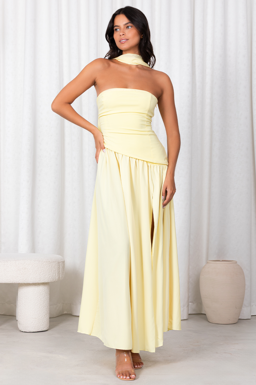 Lemon Yellow Pleated Slit Maxi Dress