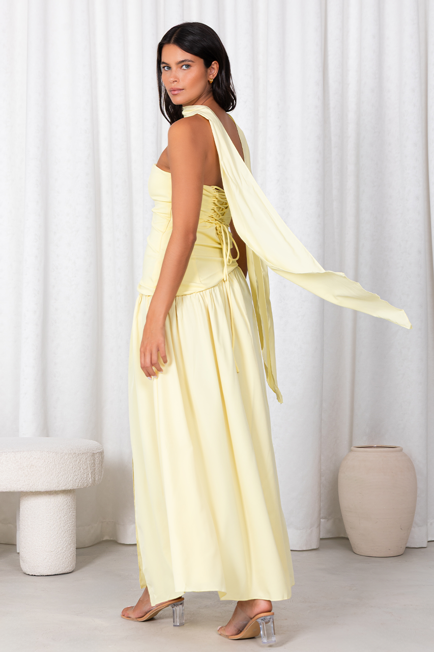 Lemon Yellow Pleated Slit Maxi Dress