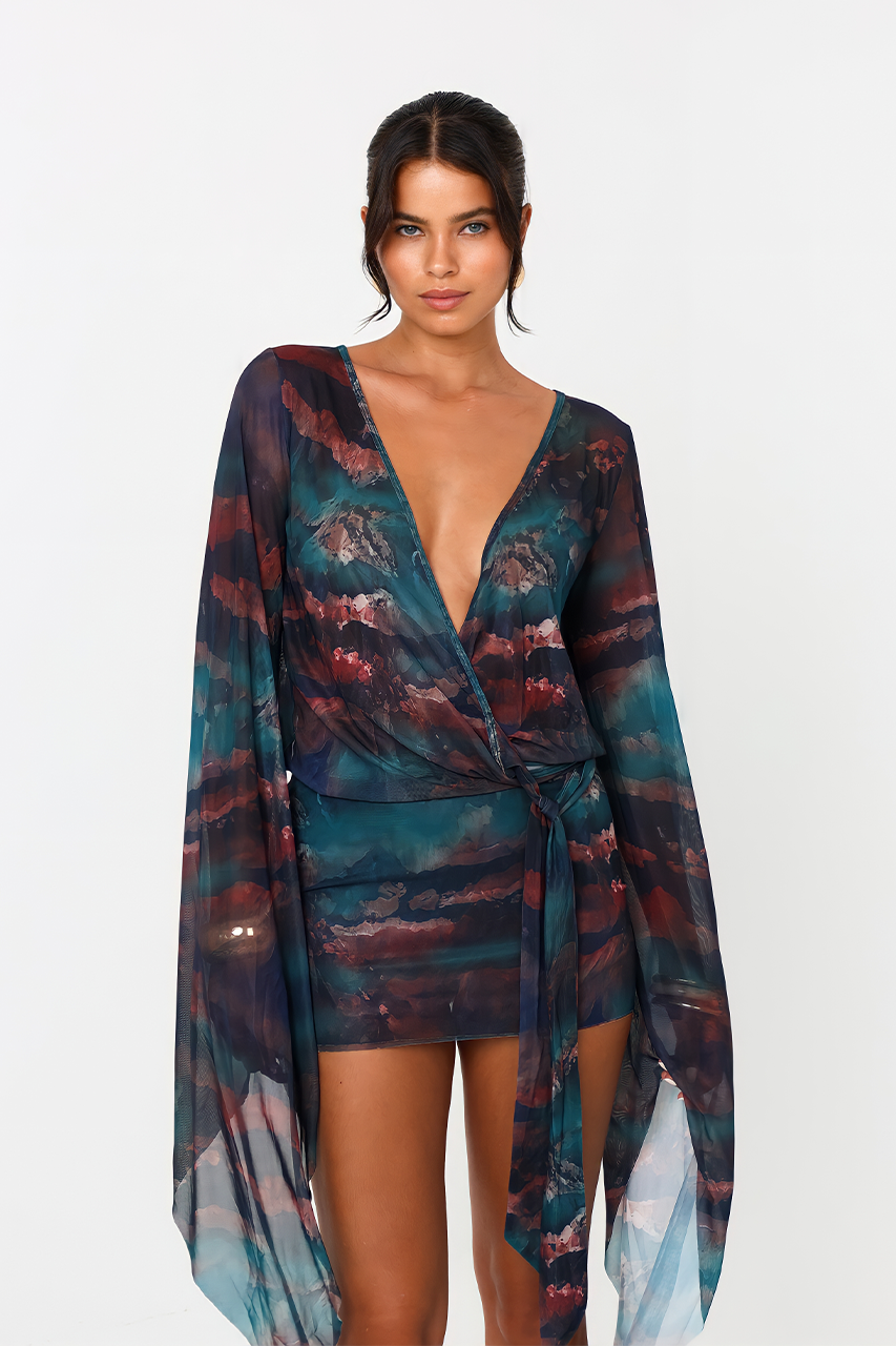 Multicolor Flare Sleeve Mesh Mini Dress