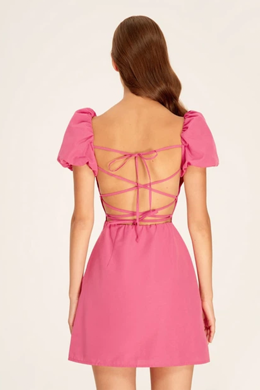 Pink Linen Puff Sleeve Mini Dress