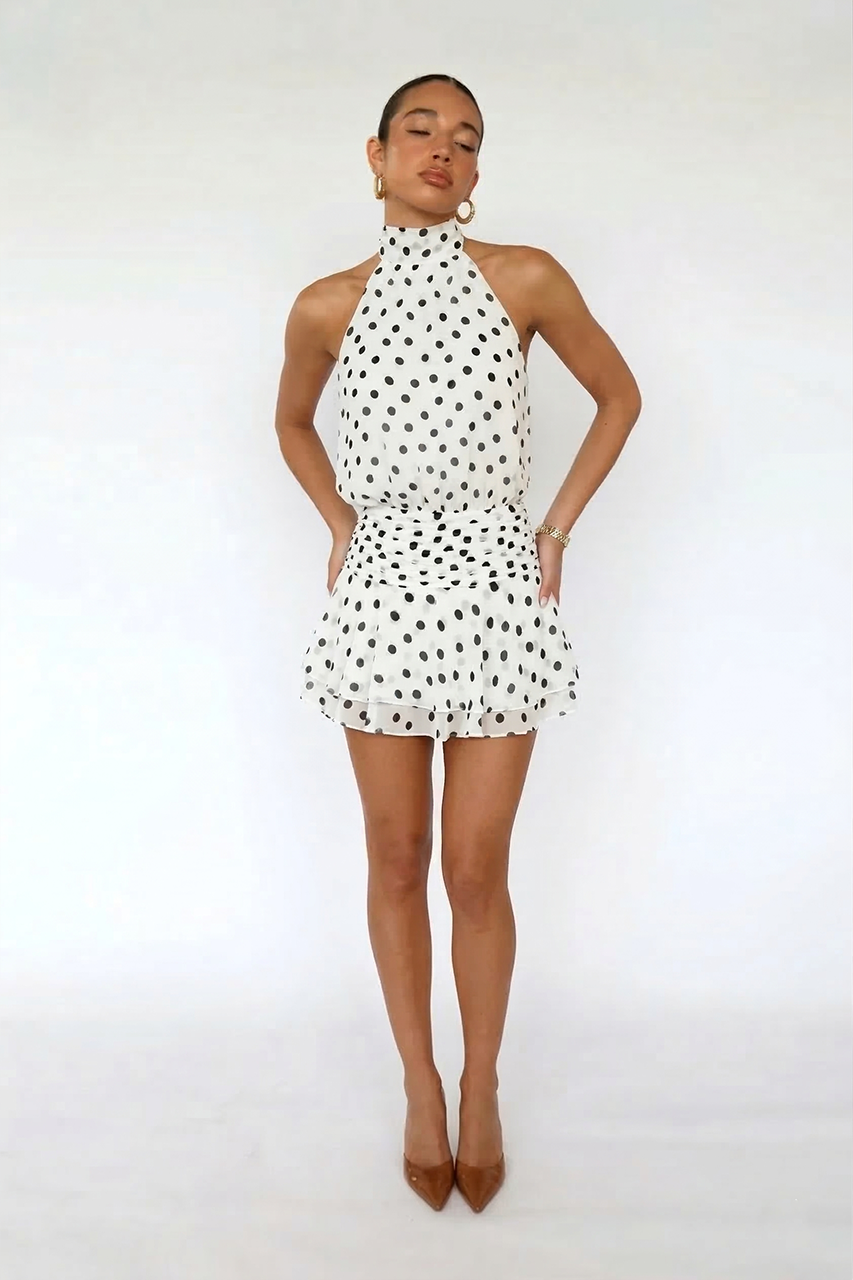 White Polka Dot Playsuit Ruffle Dress