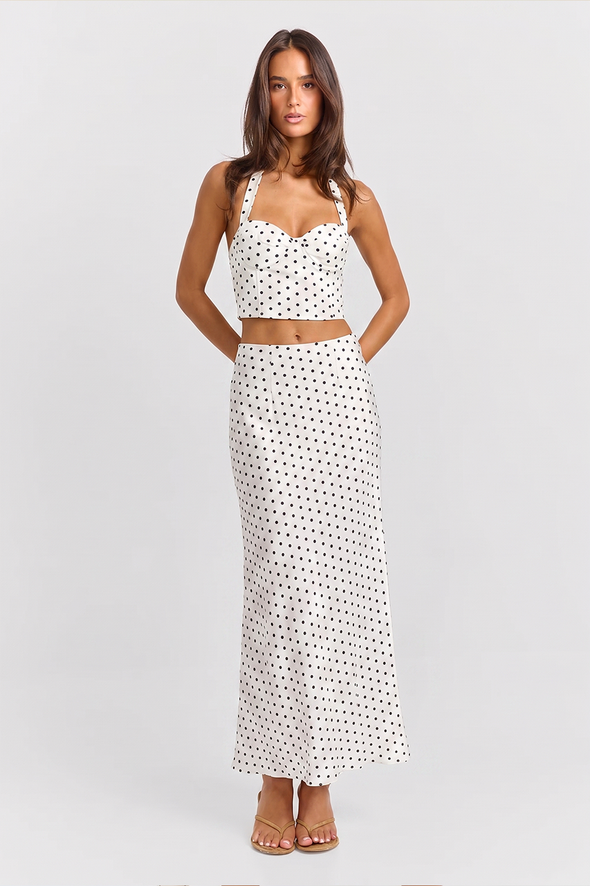 White Polka Dot Crop Corset & Maxi Skirt Coord