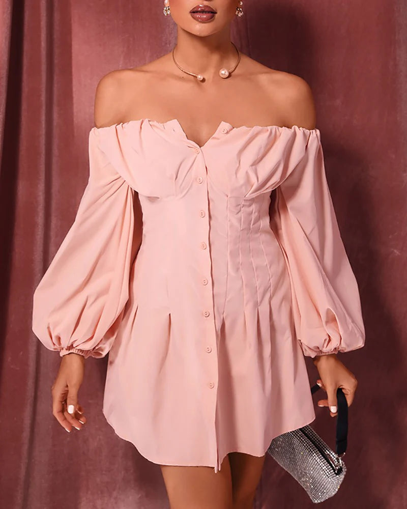 Pastel Pink Off The Shoulder Lantern Sleeve Corset Ruched Skater Mini Dress