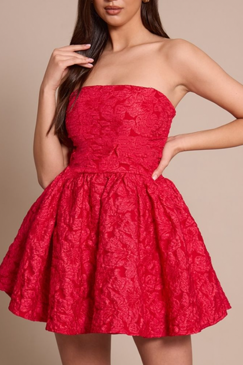 Red Floral Jacquard Bandeau Skater Mini Dress