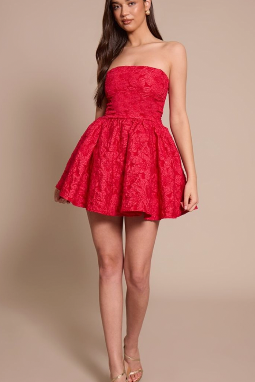 Red Floral Jacquard Bandeau Skater Mini Dress