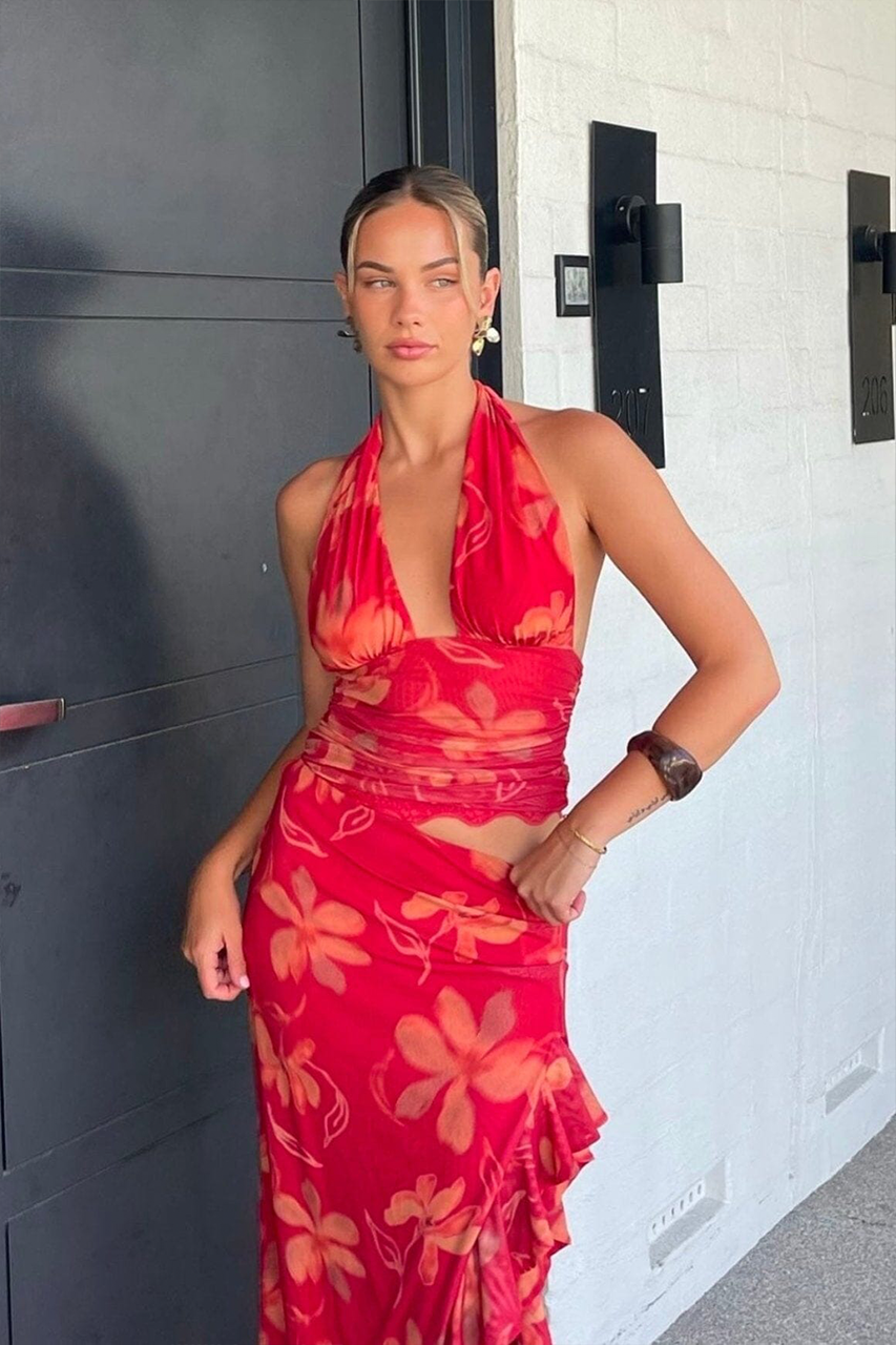 Coral Red Floral Cut Out Ruffle Maxi Dress