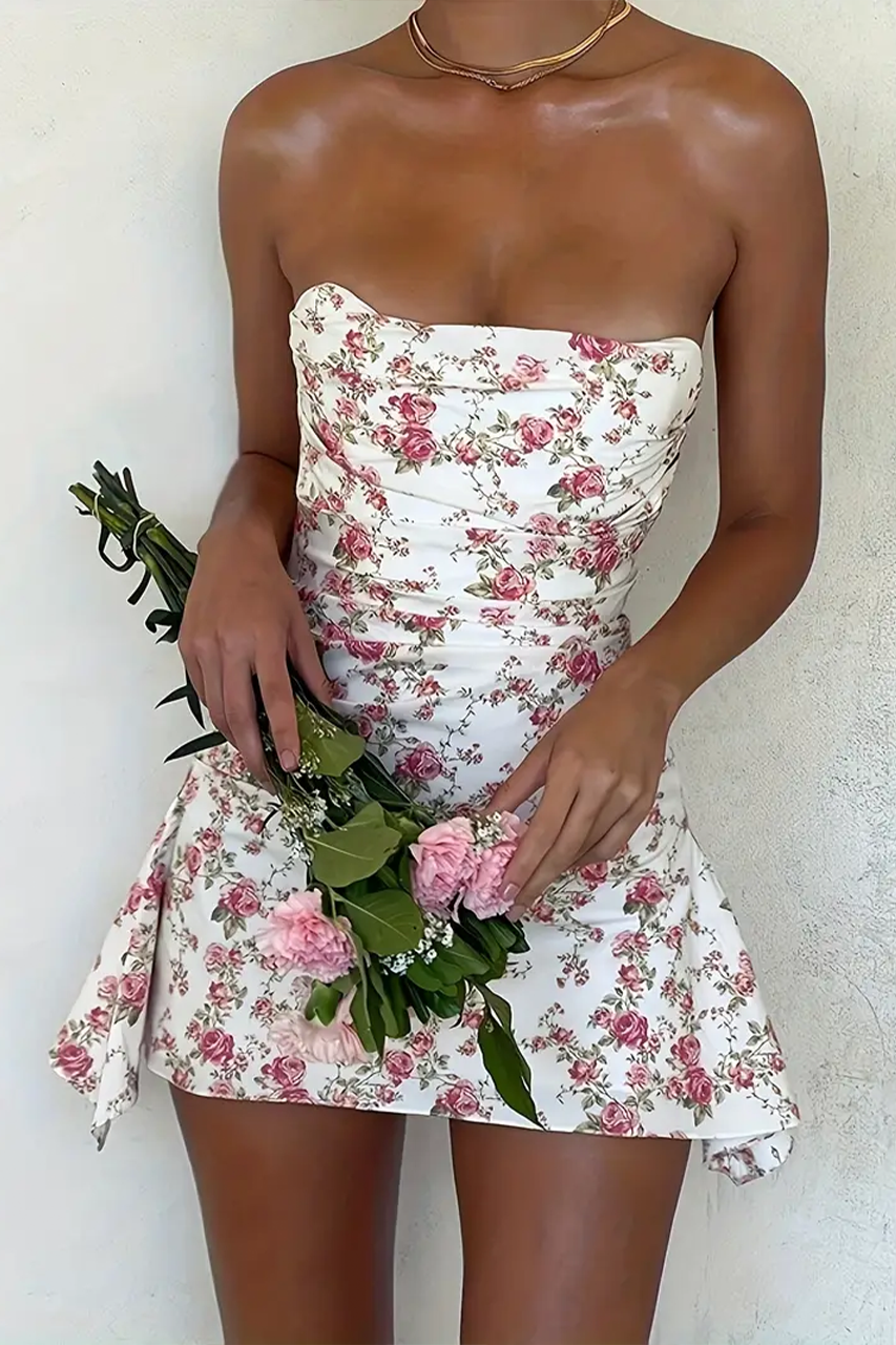 Floral White & Pink Double Layered Bandeau Satin Mini Dress