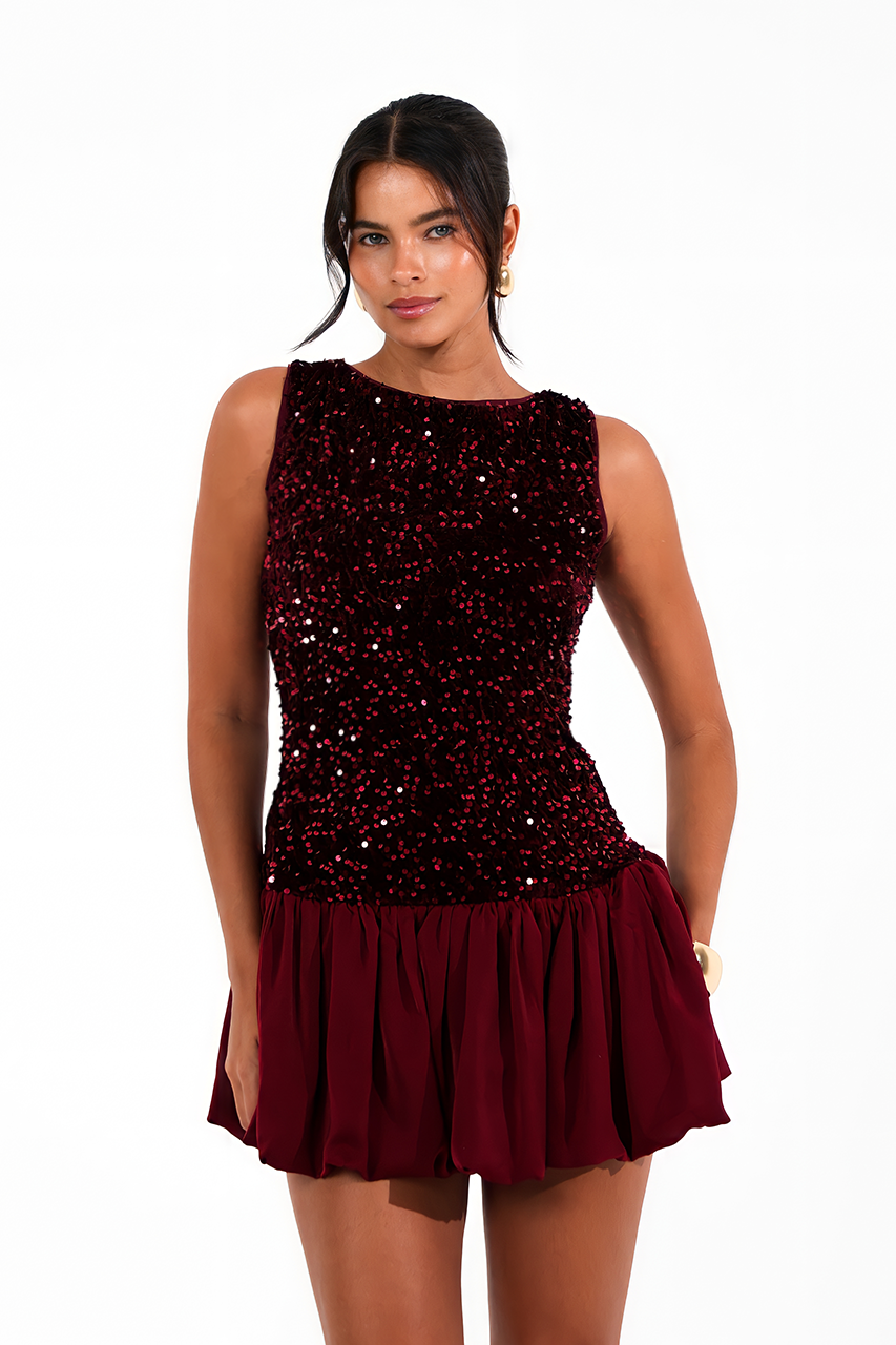 Burgundy Sequin Bubble Hem Mini Dress