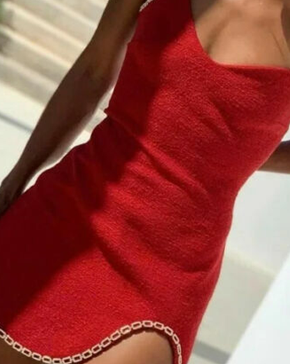 Red Sweetheart Neckline One Shoulder Chain Embellished Mini Dress